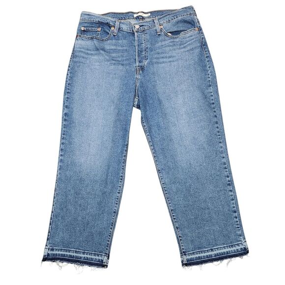 Levi's Wedgie Straight Fit Women's Jeans Raw Hem Blue Denim Cropped High Rise 18 - Picture 2 of 12